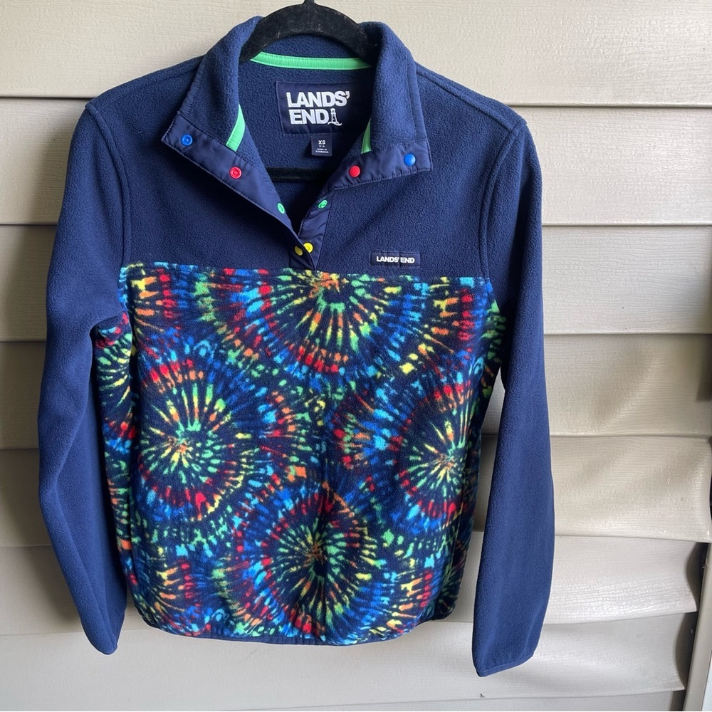 LANDS END‎ Deep Sea Navy Burst Tie Dye Extra Small 2/4 tool snap fleece